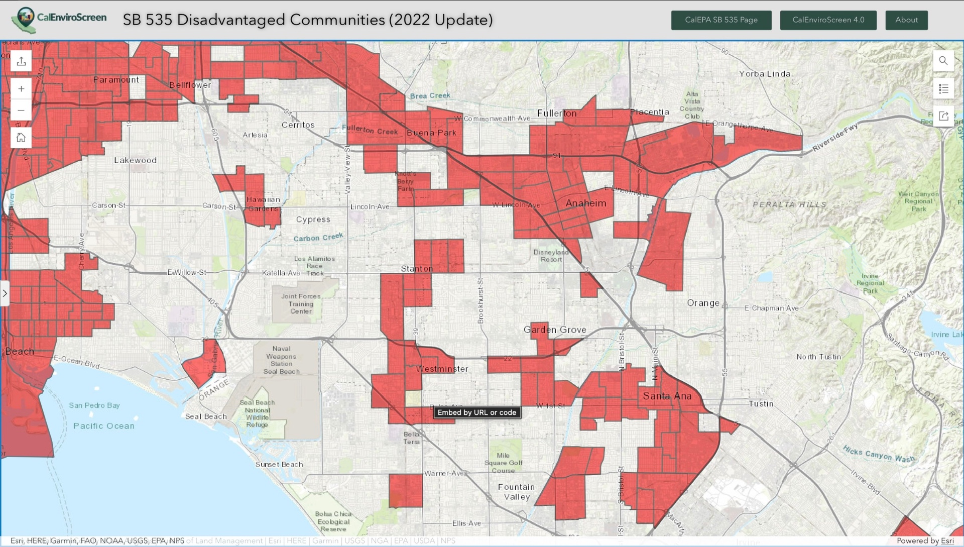 CalEnviroScreen 4.0 map showing SB 535 disadvantaged communities across Anaheim, Santa Ana, and surrounding Orange County neighbourhoods highlighted in red.