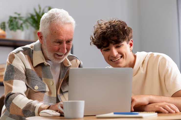 An older adult and a young volunteer smiling together at a laptop during a session