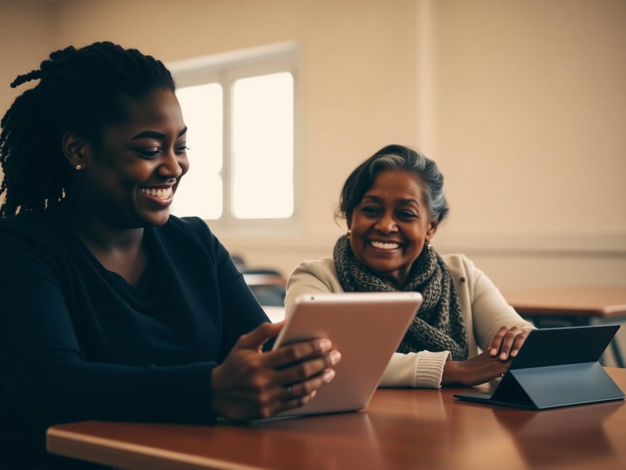 A Brobbs Connect instructor guiding an older adult through a tablet during a community workshop